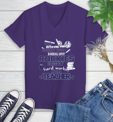 Colorado Rockies MLB I'm A Difference Making Student Caring Baseball Loving Kinda Teacher Women's V-Neck T-Shirt 3