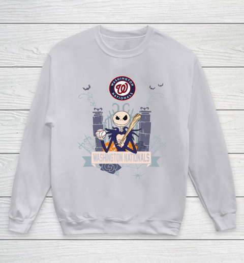 MLB Washington Nationals Baseball Jack Skellington Halloween Youth Sweatshirt 3