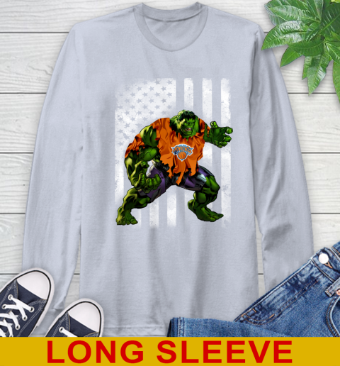 New York Knicks Hulk Marvel Avengers NBA Basketball American Flag Long Sleeve T-Shirt 6
