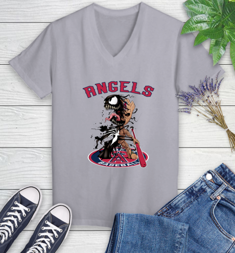 MLB Los Angeles Angels Baseball Venom Groot Guardians Of The Galaxy Women's V-Neck T-Shirt 4