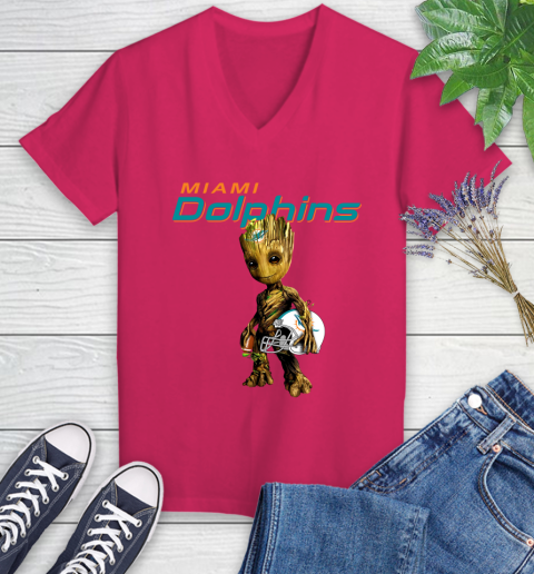 Miami Dolphins NFL Football Groot Marvel Guardians Of The Galaxy Women's V-Neck T-Shirt 9