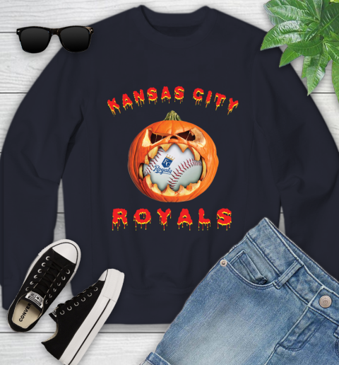 MLB Kansas City Royals Halloween Pumpkin Baseball Sports Youth Sweatshirt 3