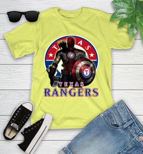 MLB Captain America Thor Spider Man Hawkeye Avengers Endgame Baseball Texas Rangers Youth T-Shirt 8