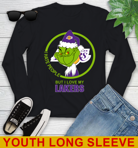 Los Angeles Lakers NBA Christmas Grinch I Hate People But I Love My Favorite Basketball Team Youth Long Sleeve 2