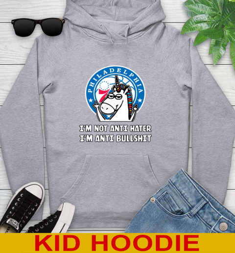Philadelphia 76ers NBA Basketball Unicorn I'm Not Anti Hater I'm Anti Bullshit Youth Hoodie - Image 7
