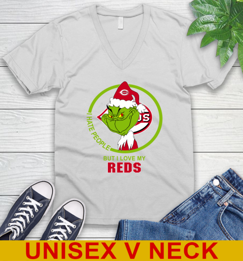 Cincinnati Reds MLB Christmas Grinch I Hate People But I Love My Favorite Baseball Team V-Neck T-Shirt