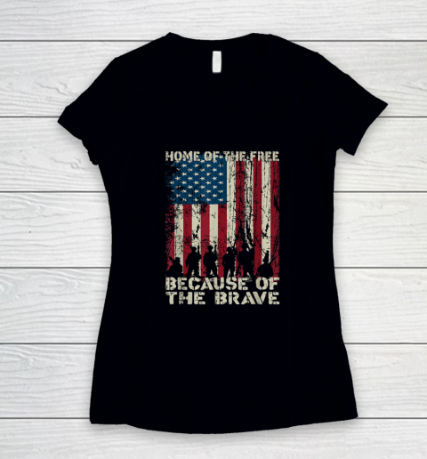 Home Of The Free Because Of The Brave Distress American Flag Women's V-Neck T-Shirt