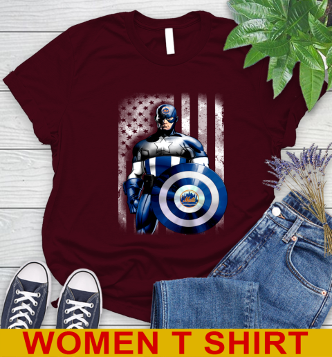 New York Mets MLB Baseball Captain America Marvel Avengers American Flag Shirt Women's T-Shirt 6