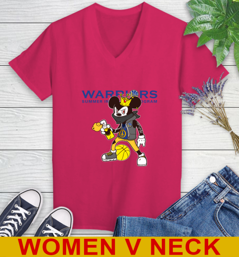 Golden State Warriors NBA Basketball Mickey Peace Sign Sports Women's V-Neck T-Shirt 10