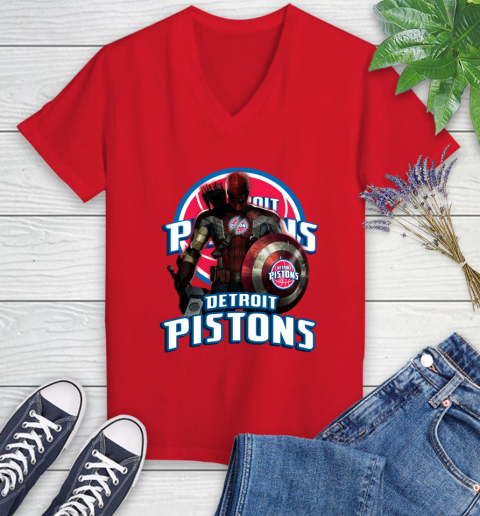 Detroit Pistons NBA Basketball Captain America Thor Spider Man Hawkeye Avengers Women's V-Neck T-Shirt 12