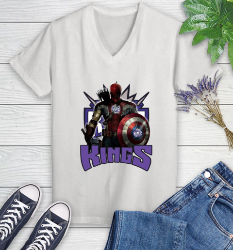Sacramento Kings NBA Basketball Captain America Thor Spider Man Hawkeye Avengers Women's V-Neck T-Shirt