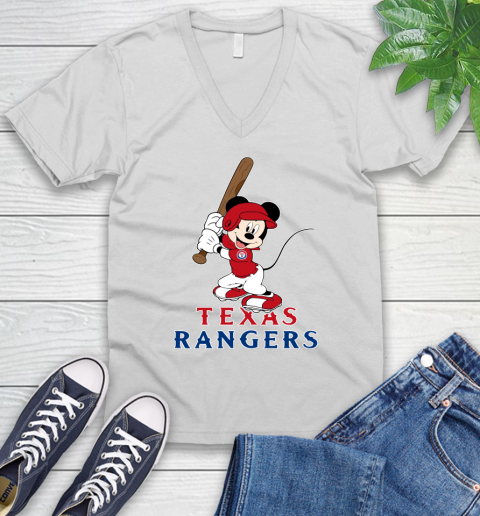 MLB Baseball Texas Rangers Cheerful Mickey Mouse Shirt V-Neck T-Shirt 2