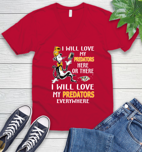 NHL Hockey Nashville Predators I Will Love My Predators Everywhere Dr Seuss Shirt V-Neck T-Shirt 6