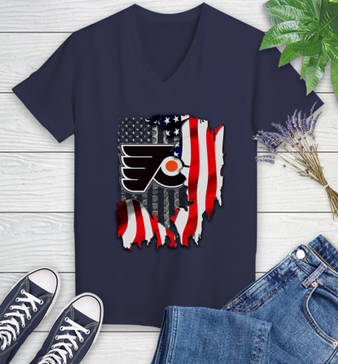 Philadelphia Flyers NHL Hockey American Flag Women's V-Neck T-Shirt 12