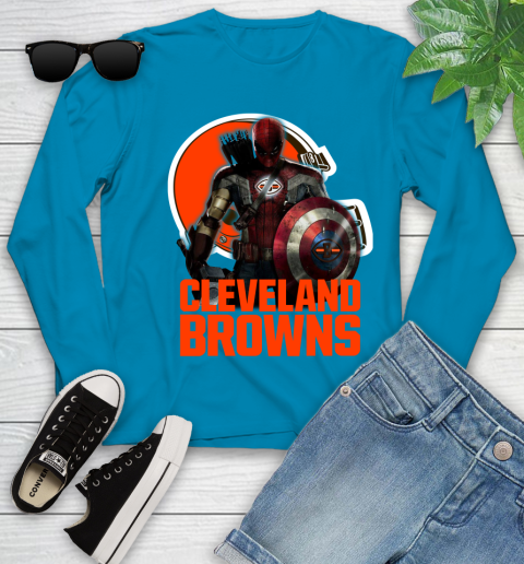 NFL Captain America Thor Spider Man Hawkeye Avengers Endgame Football Cleveland Browns Youth Long Sleeve 7