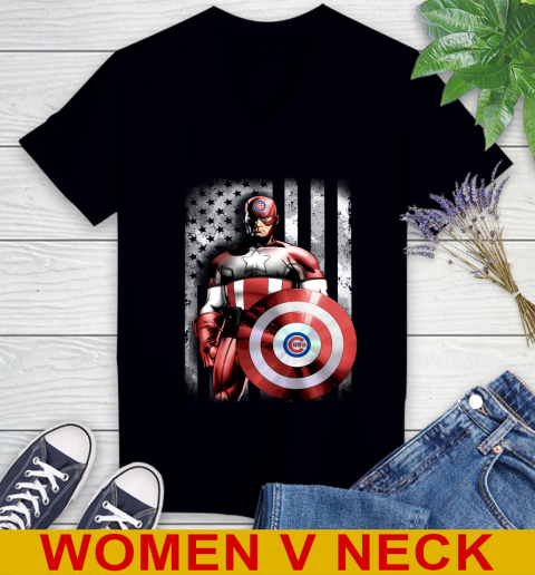 Chicago Cubs MLB Baseball Captain America Marvel Avengers American Flag Shirt Women's V-Neck T-Shirt