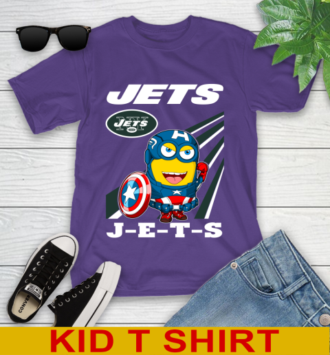 NFL Football New York Jets Captain America Marvel Avengers Minion Shirt Youth T-Shirt 4 NFL Football New York Jets Captain America Marvel Avengers Minion Shirt Youth T-Shirt - Image 4