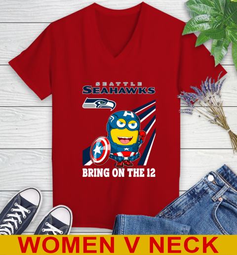 NFL Football Seattle Seahawks Captain America Marvel Avengers Minion Shirt Women's V-Neck T-Shirt 10