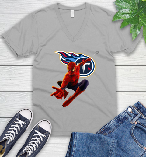 NFL Spider Man Avengers Endgame Football Tennessee Titans V-Neck T-Shirt 5 NFL Spider Man Avengers Endgame Football Tennessee Titans V-Neck T-Shirt - Image 5