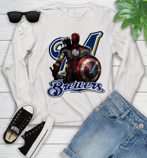 MLB Captain America Thor Spider Man Hawkeye Avengers Endgame Baseball Milwaukee Brewers Youth Long Sleeve