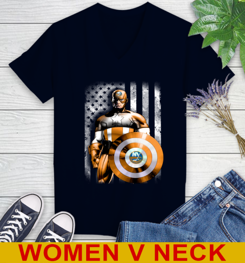 New York Islanders NHL Hockey Captain America Marvel Avengers American Flag Shirt Women's V-Neck T-Shirt 2