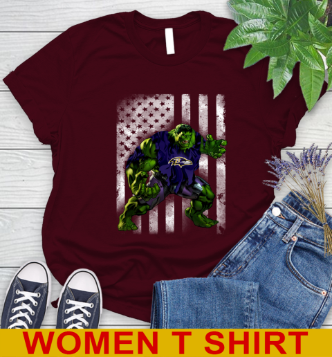 Baltimore Ravens Hulk Marvel Avengers NFL Football American Flag Women's T-Shirt 6