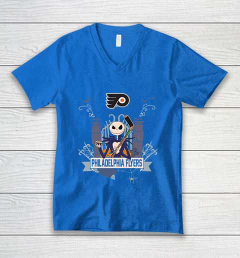 NHL Philadelphia Flyers Hockey Jack Skellington Halloween V-Neck T-Shirt 5