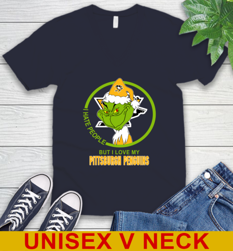 Pittsburgh Penguins NHL Christmas Grinch I Hate People But I Love My Favorite Hockey Team V-Neck T-Shirt 3