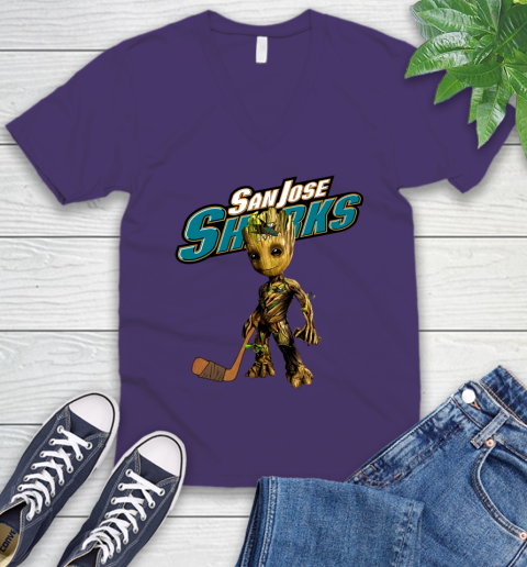 San Jose Sharks NHL Hockey Groot Marvel Guardians Of The Galaxy V-Neck T-Shirt 10
