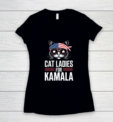 Cat Ladies for Kamala Funny Cat 2024 President Kamala Harris Women's V-Neck T-Shirt