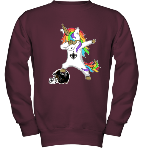 3agv football dabbing unicorn steps on helmet new orleans saints youth sweatshirt 47 front maroon