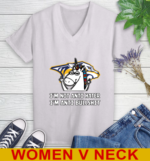 Nashville Predators NHL Hockey Unicorn I'm Not Anti Hater I'm Anti Bullshit Women's V-Neck T-Shirt