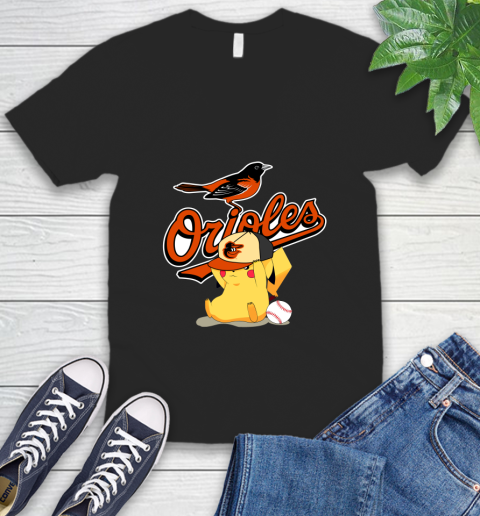 MLB Pikachu Baseball Sports Baltimore Orioles V-Neck T-Shirt 2