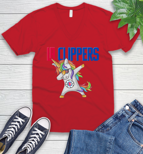 LA Clippers NBA Basketball Funny Unicorn Dabbing Sports V-Neck T-Shirt 7