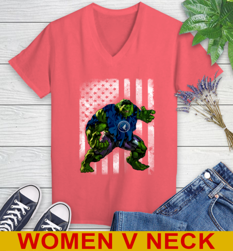 Minnesota Timberwolves Hulk Marvel Avengers NBA Basketball American Flag Women's V-Neck T-Shirt 6