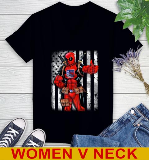 NHL Hockey New York Rangers Deadpool American Flag Shirt Women's V-Neck T-Shirt