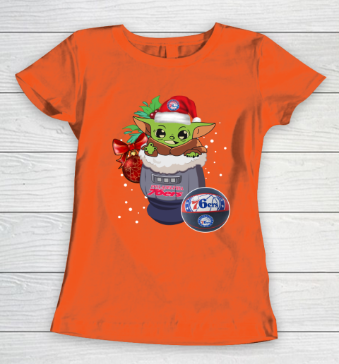 Philadelphia 76ers Christmas Baby Yoda Star Wars Funny Happy NBA Women's T-Shirt 5