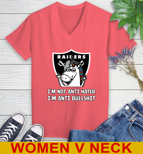 Oakland Raiders NFL Football Unicorn I'm Not Anti Hater I'm Anti Bullshit Women's V-Neck T-Shirt 7