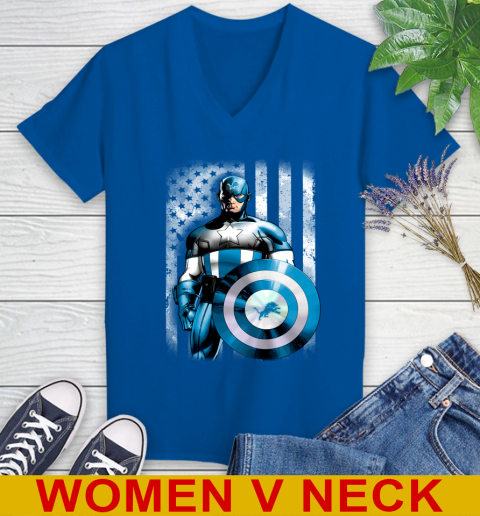 Detroit Lions NFL Football Captain America Marvel Avengers American Flag Shirt Women's V-Neck T-Shirt 9