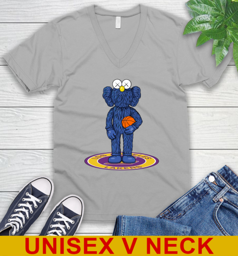 NBA Basketball Los Angeles Lakers Kaws Bff Blue Figure Shirt V-Neck T-Shirt 4
