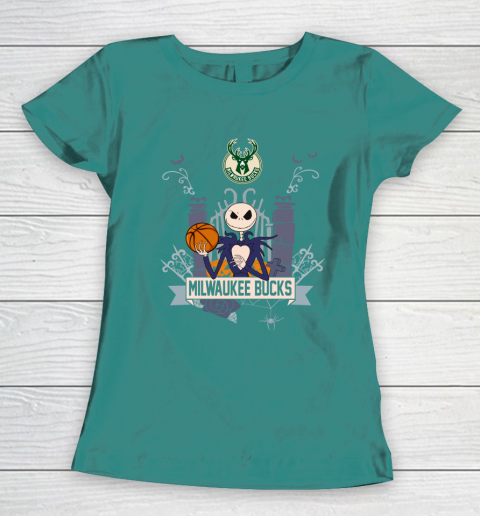 NBA Milwaukee Bucks Basketball Jack Skellington Halloween Women's T-Shirt 10