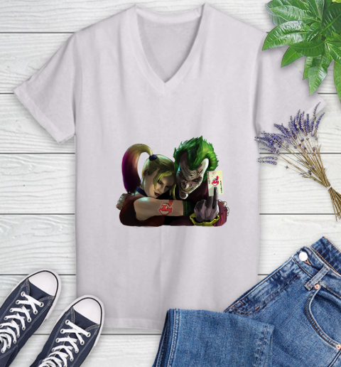Cleveland Indians MLB Baseball Joker Harley Quinn Suicide Squad Women's V-Neck T-Shirt