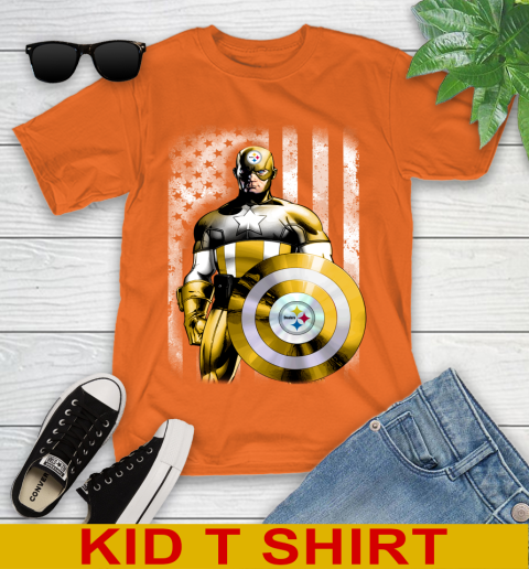 Pittsburgh Steelers NFL Football Captain America Marvel Avengers American Flag Shirt Youth T-Shirt 8
