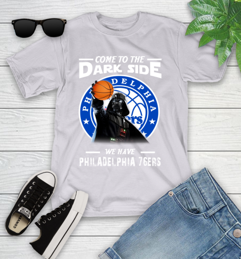 NBA Come To The Dark Side We Have Philadelphia 76ers Star Wars Darth Vader Basketball Youth T-Shirt 4