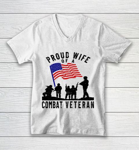 Veteran Shirt Proud Wife of a Combat Veteran Retro US Flag Military Family V-Neck T-Shirt
