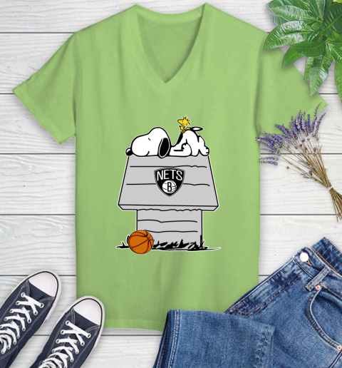 Brooklyn Nets NBA Basketball Snoopy Woodstock The Peanuts Movie Women's V-Neck T-Shirt 11