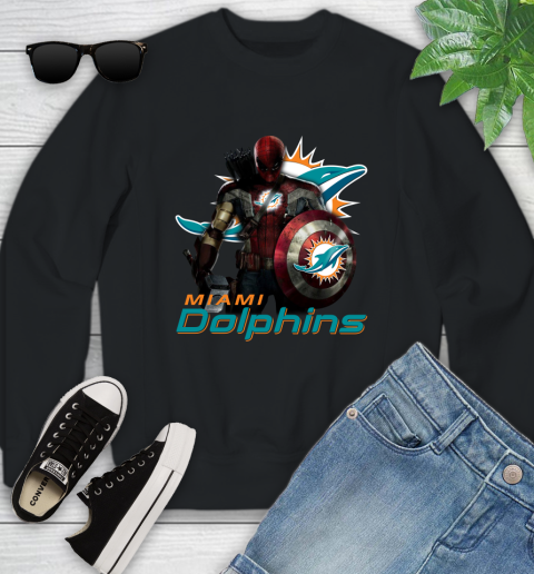 NFL Captain America Thor Spider Man Hawkeye Avengers Endgame Football Miami Dolphins Youth Sweatshirt 2