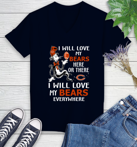 NFL Football Chicago Bears I Will Love My Bears Everywhere Dr Seuss Shirt Women's V-Neck T-Shirt 2