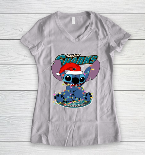 San Jose Sharks NHL Hockey noel stitch Christmas Women's V-Neck T-Shirt