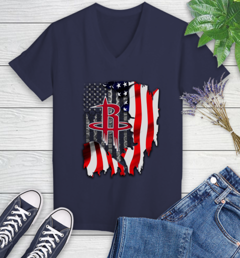 Houston Rockets NBA Basketball American Flag Women's V-Neck T-Shirt 12